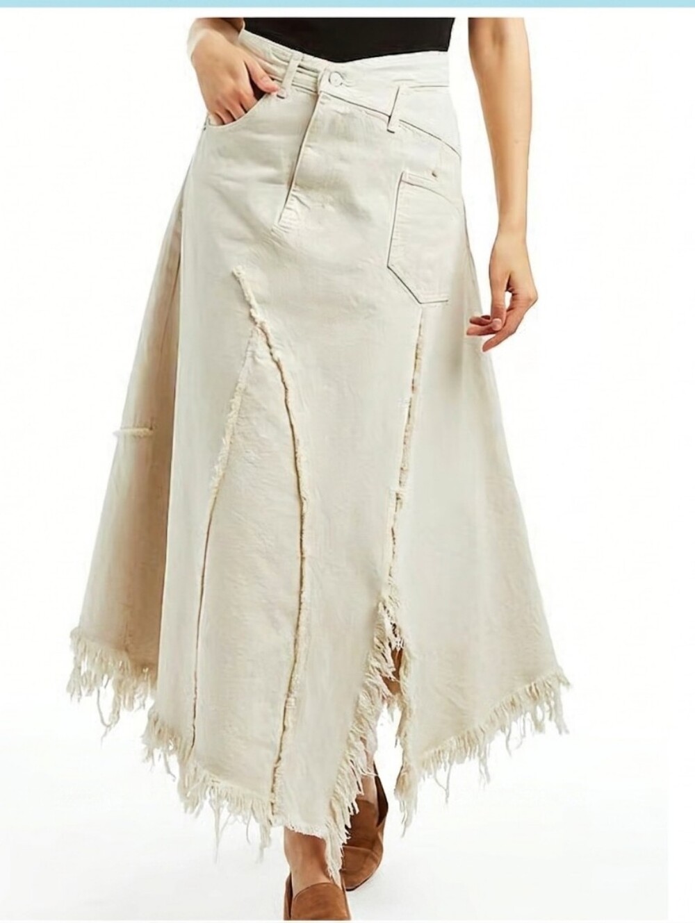 Zara Cream A-Line Maxi Skirt with Frayed Panel Details